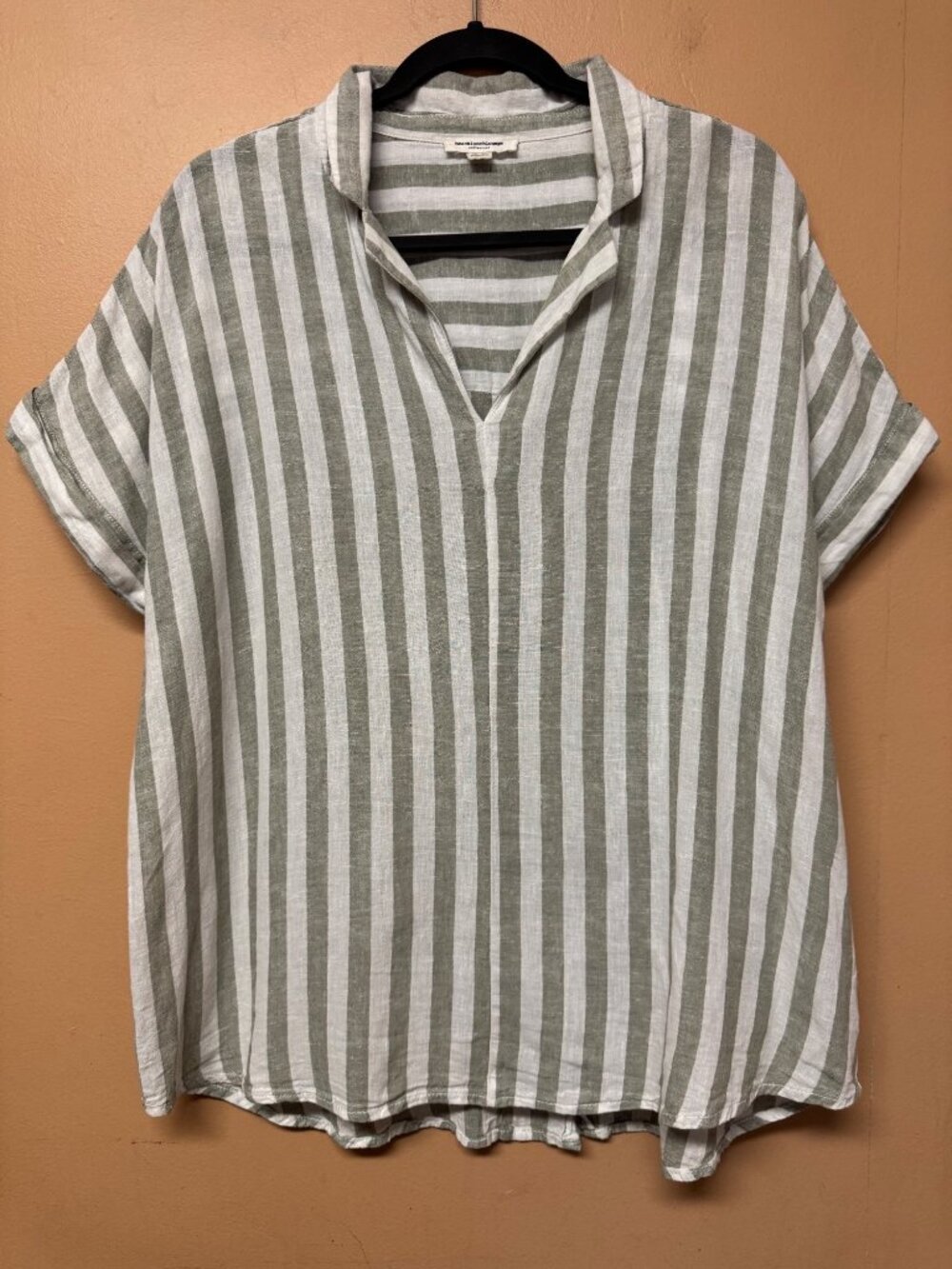 BeachLunchLounge Linen Cotton Stripe Blouse Top Sage Green XL Relaxed Coastal